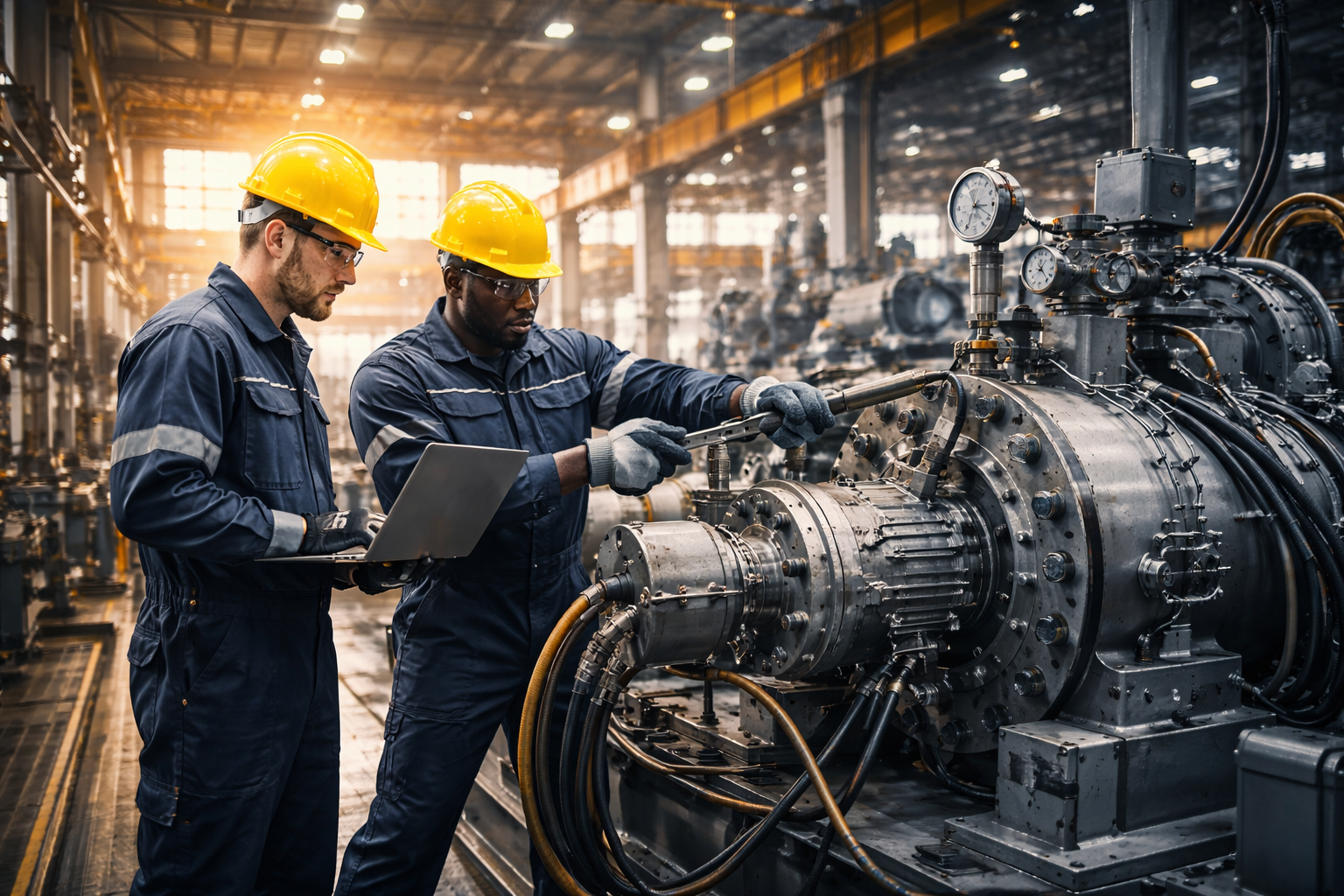 Industriële arbeiders onderhouden apparatuur in de fabriek