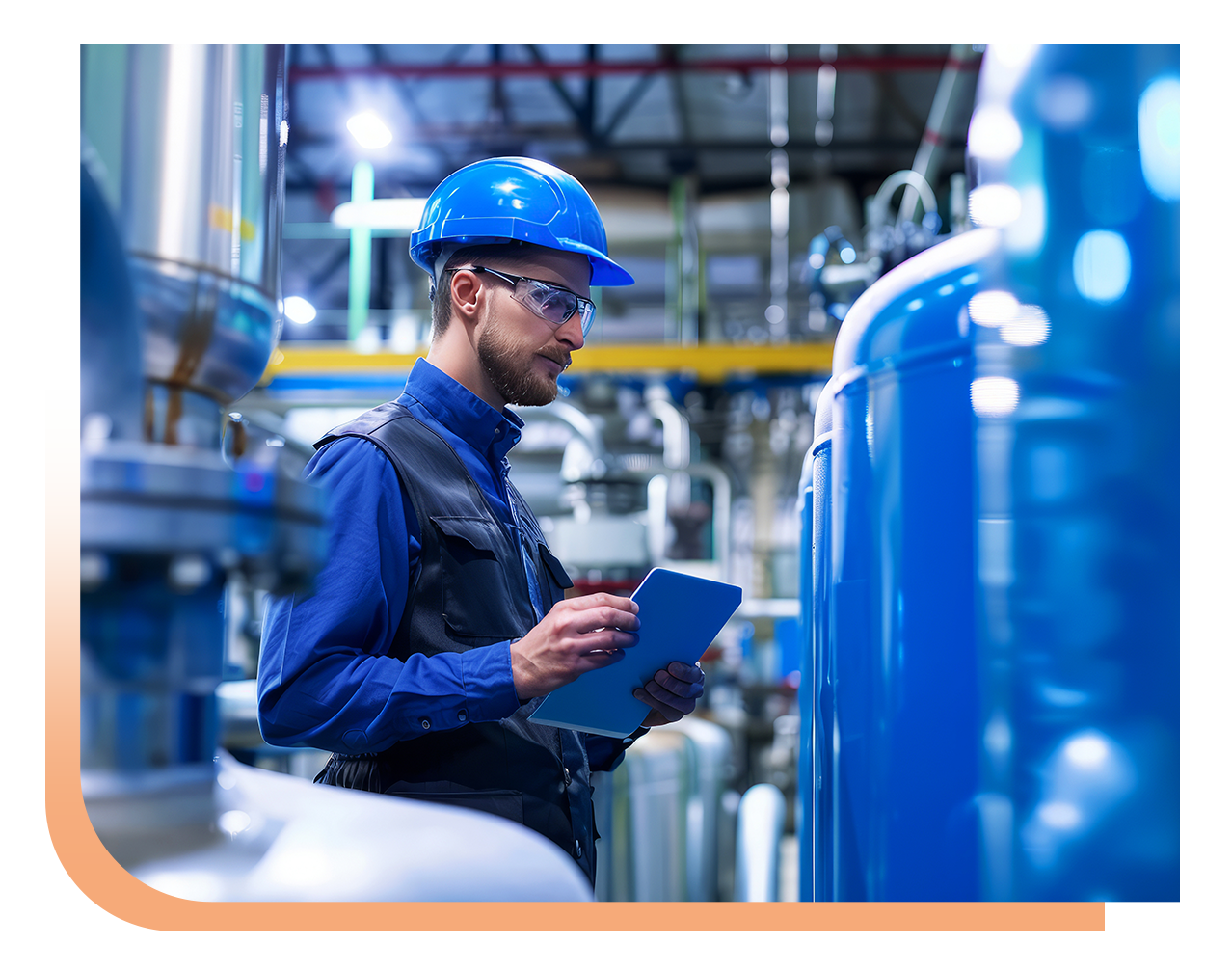 Industrial worker in a blue helmet and safety glasses inspecting machinery with a clipboard in a factory setting
