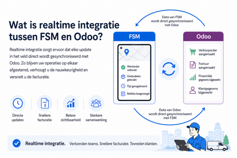 Infographic about real-time integration between FSM and Odoo: FSM and Odoo devices with curved arrows showing data syncing, plus icons for direct updates, faster invoicing, better visibility, and stronger collaboration.