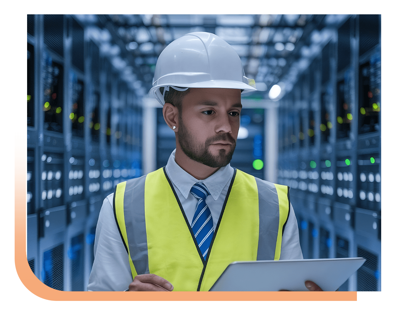 Male engineer in a hard hat and high-visibility vest reviews data on a tablet in a data center aisle.