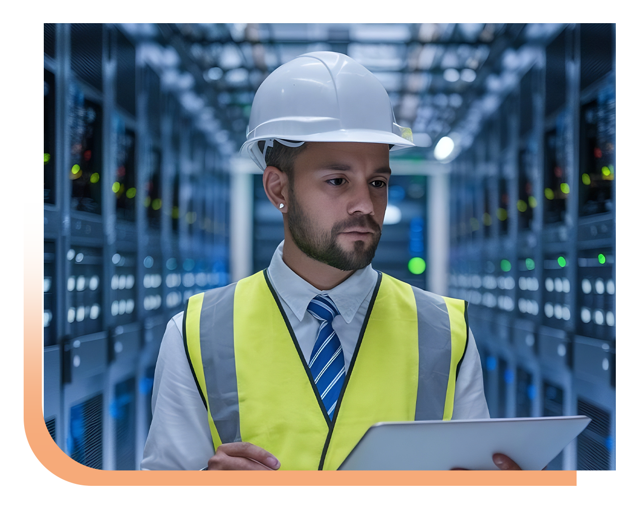 Engineer in a white hard hat and high-visibility vest inspecting servers with a tablet in a data center.
