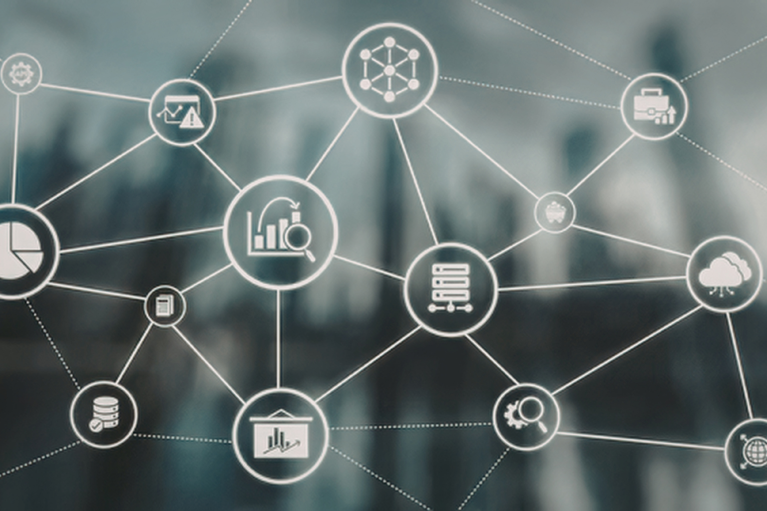 Abstract network diagram with white circular icons connected by lines, representing data, servers, and cloud systems on a blurred blue background.