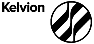 Kelvion logo: the wordmark with a circular green-and-black striped emblem to the right.