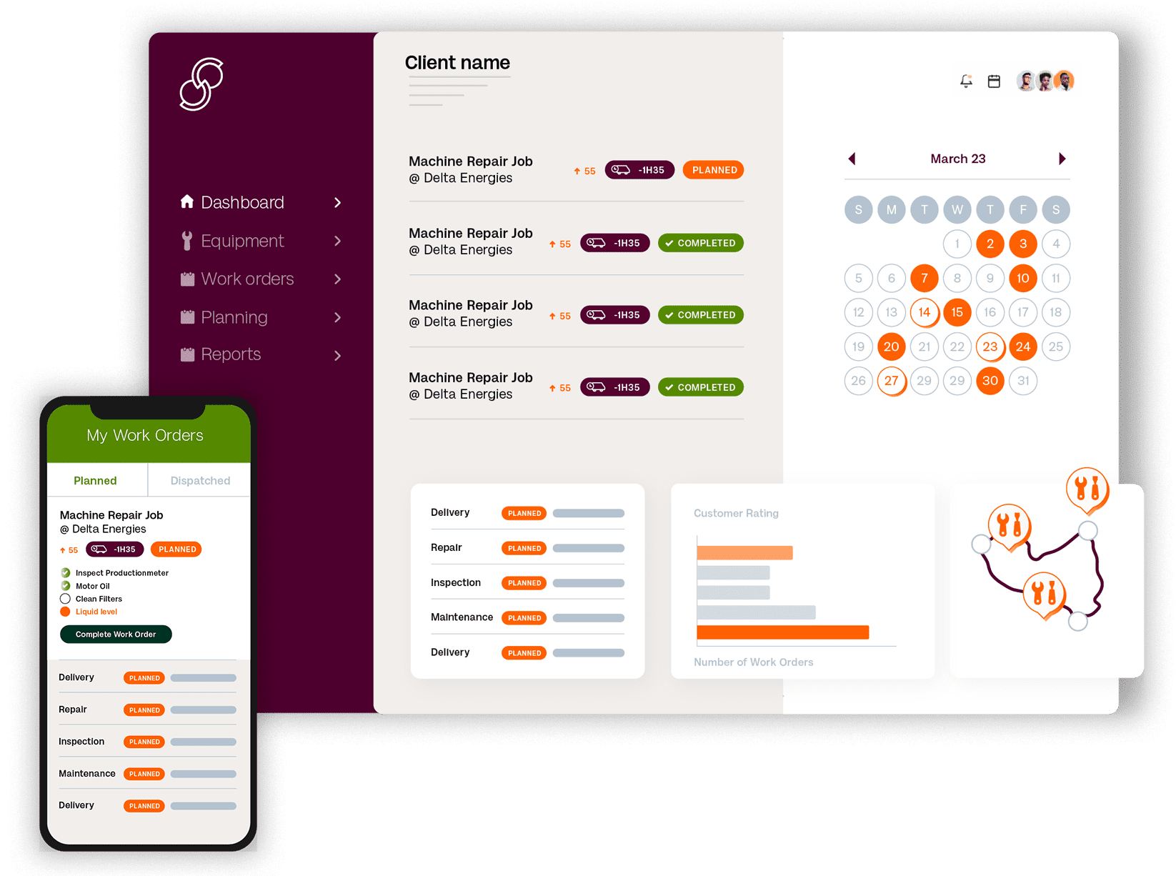 Dashboard UI with a dark maroon left sidebar listing sections (Dashboard, Equipment, Work orders, Planning, Reports) and a central job list for Delta Energies; a calendar panel on the right shows March 23.