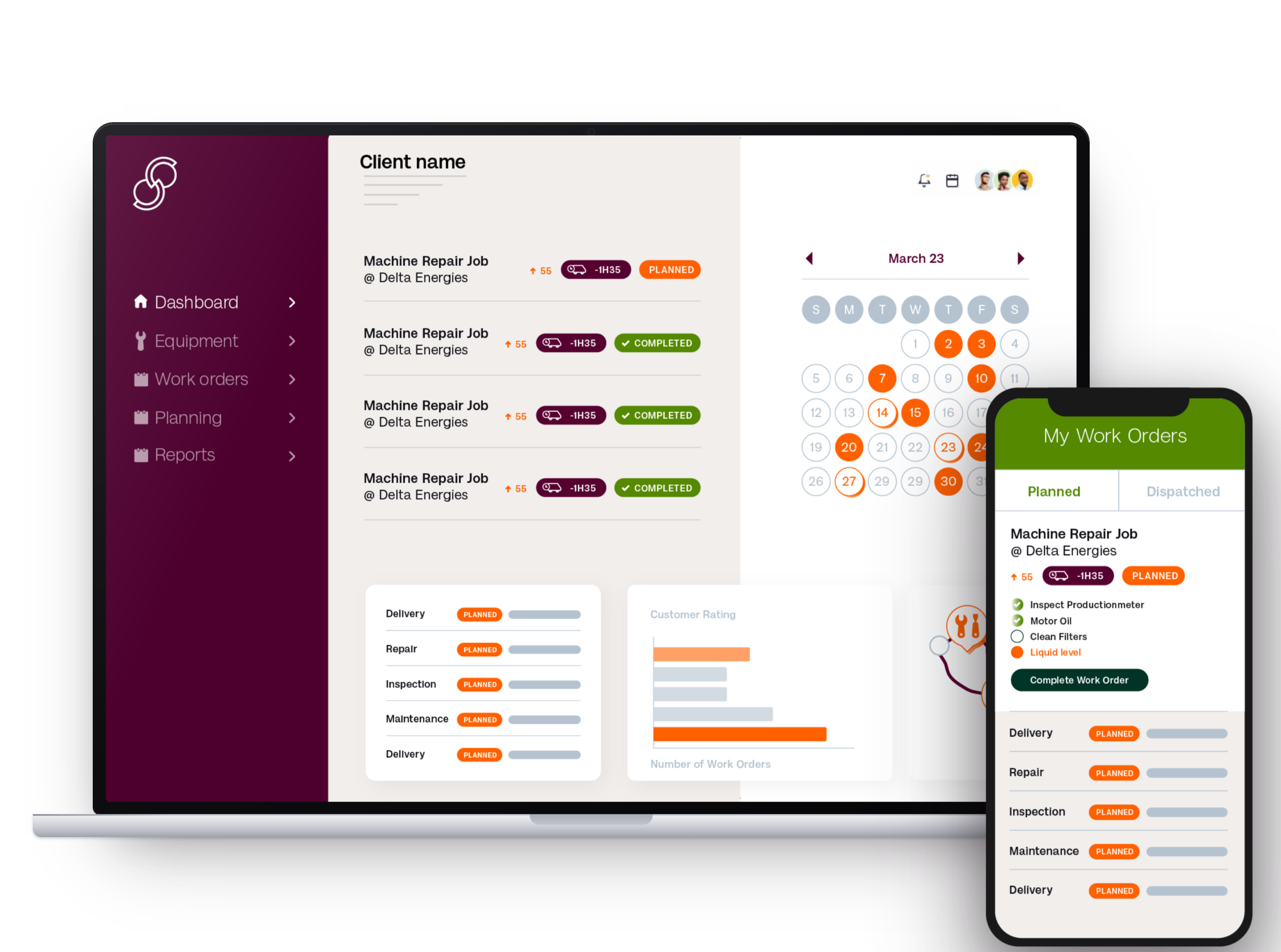 Multi-device dashboard UI: left purple navigation, central job list with status badges, right calendar, and a mobile screen titled 'My Work Orders'.