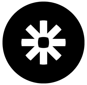 White eight-point starburst icon centered on a black circular background.